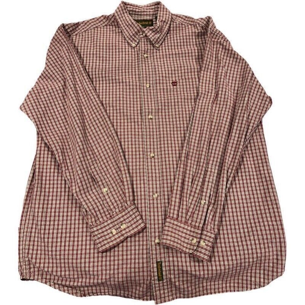 Timberland Mens Light Flannel Shirt Size L Red Plaid Button Down Long Sleeve
